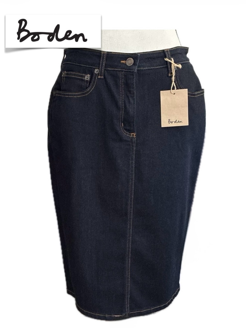 NWT Boden Dark Denim Pencil Silhouette Jean styled Skirt; Size 8R